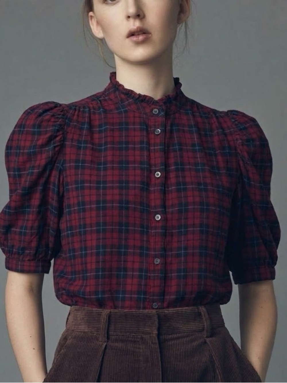 NEW Gap Women's XSMALL Red Plaid Puff Sleeve High Neck Blouse